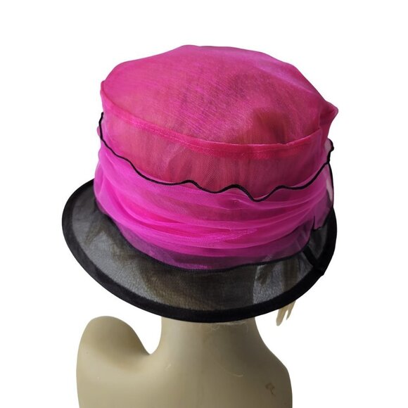 Pink and Black Ruffles Organza Packable Adjustable Dress Hat - Picture 2 of 16